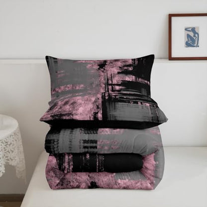 Kids Pink Grey Black Bedding Set Full Size Abstract Duvet Quilt for Boys Girls Teens Bedroom Decor Geometric Comforter Set Breathable Soft Lightweight Microfiber Women Men Modern with 2 Pillow Case
