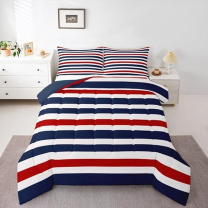 Homewish Geometric Stripes Comforter Set King Size,Abstract Art Bedding Sets 3Pcs for Kids Girls Boys Women Room Decor,Navy Blue and Red Quilted Duvet Modern Simple Down Comforter,2 Pillowcases