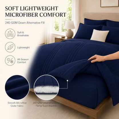 Full Size Comforter Sets Navy Blue, 7 Pieces Bed in a Bag Bedding