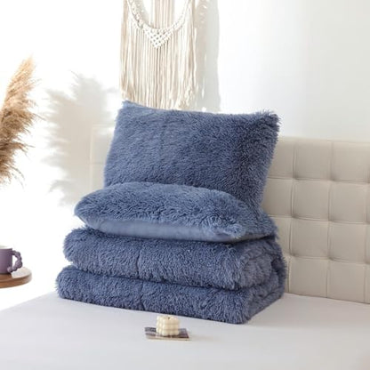 Smoofy Fluffy Queen Comforter Set, Infinite Blue Faux Fur Comforter 3 Pcs