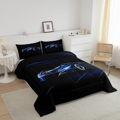 Feelyou Blue Race Car Bedding Set King Size for Kids Teens