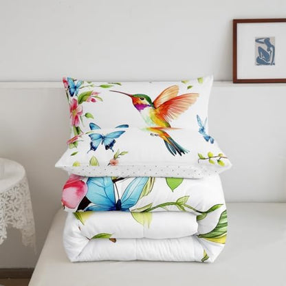 jejeloiu Hummingbird Comforter Set Toddler Size Kids Tropical Birds Bedding Set Boys Girls Flowers Leaves Spring Duvet Breathable Botanical Floral Quilt Bedroom Decor,1 Comforter with 1 Pillowcase
