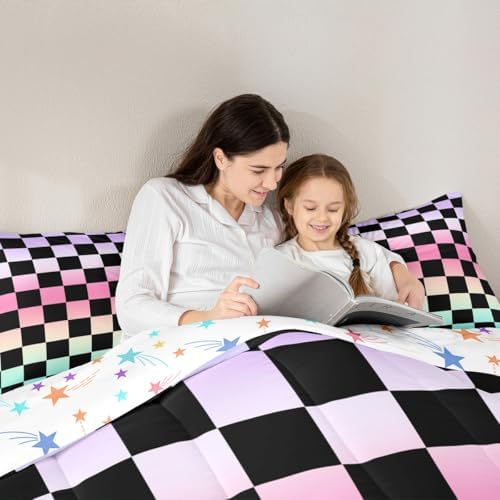 Multicolored Checkered Retro Comforter Set Queen Size Geometric Vintage Bedding Set for Kids Boys Girls Gradient Pink Green Duvet Quilt Modern Groovy Aesthetic Bedroom Decor 3 Pcs with 2 Pillow Cases
