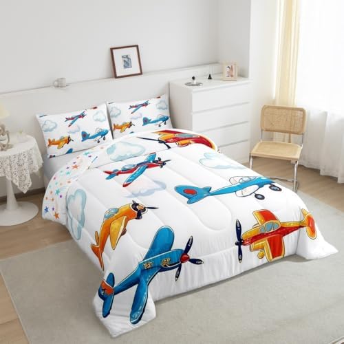 Erosebridal Colorful Aircraft Comforter Set Full, Cartoon Propeller Plane Airplane Bedding Set, Aviation Theme Comforter for Boys Kids Girls Teens Adults Child Bedroom, White Cloud Quilt