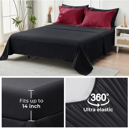 HYMOKEGE Red & Black Queen Comforter Set Seersucker 7 Pieces, All Season Luxury Bed in a Bag for Bedroom, Bedding Set with Comforters, Sheets, Pillowcases & Shams
