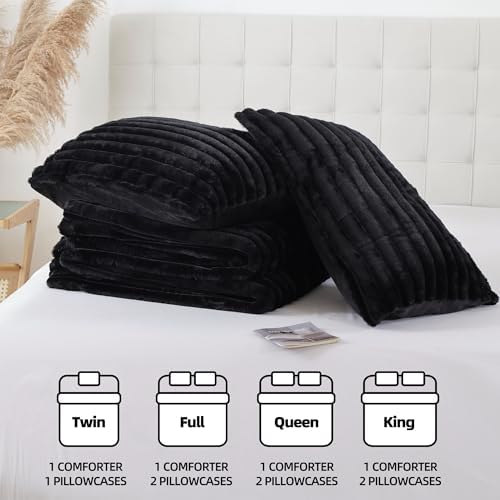 Smoofy Fluffy Queen Size Comforter 3 PCS - Black Fleece Bedding Set