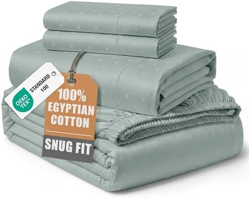 LANE LINEN King Size Sheets Deep Pocket Set Sateen - Mineral Swiss Dot