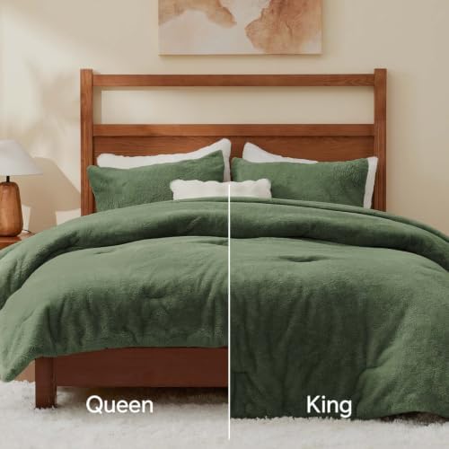 BEDELITE Faux Fur King Comforter Set Olive Green,Warm Comforter for Winter