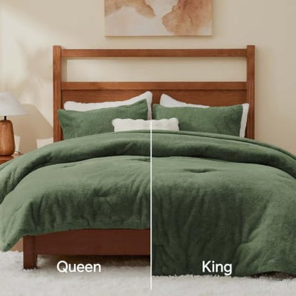 BEDELITE Faux Fur King Comforter Set Olive Green,Warm Comforter for Winter
