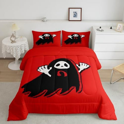 Manfei Cartoon Ghost Kids Comforter Set King Size,Happy Halloween Gothic Trippy Bedding Set,Girls Boys Room Decor,Western Holiday Before Christmas Quilt Comforter,Red Black Duvet Insert,2 Pillowcases