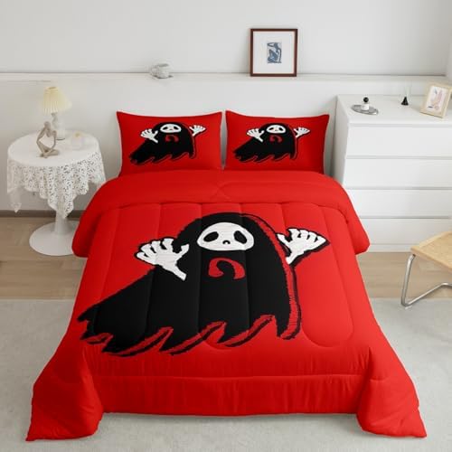 Manfei Cartoon Ghost Kids Comforter Set Full Size,Happy Halloween Gothic Trippy Bedding Set,Girls Boys Room Decor,Western Holiday Before Christmas Quilt Comforter,Red Black Duvet Insert,2 Pillowcases