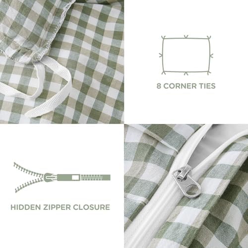 ATsense Green Gingham Ruffle Duvet Cover Set Cotton Like Linen, Twin