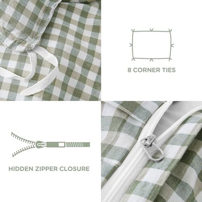 ATsense Green Gingham Ruffle Duvet Cover Set Cotton Like Linen, Twin