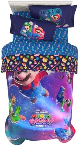 The Super Mario Galaxy Movie Bedding Set, Twin Size 4 Piece Kids Super Soft Cozy Reversible Comforter and Sheet Set, (Officially Licensed Product) By Franco