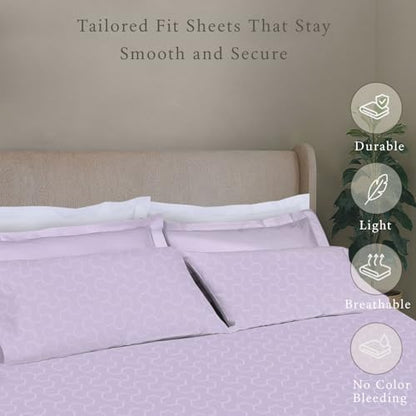 Threadmill Cotton Queen Sheet Set | 500 Thread Count 100% Cotton Sheets for Queen Size Bed | Damask Jacquard Queen Bed Sheets Set with 16” Deep Pocket Fitted | Soft Sateen Cooling Bedding Set | Lilac