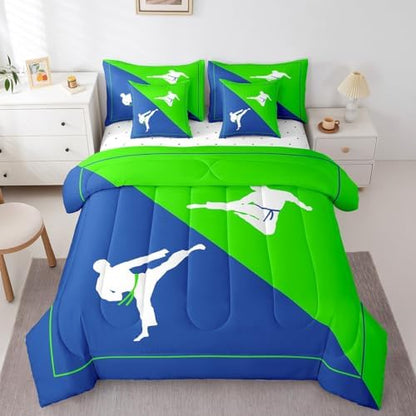 Castle Fairy Teens Adult Taekwondo Comforter Set King Size 7 Pcs Blue Green Bedding Set with Comforter,Sheet Set,Pillowcase and Sham Japanese Style Bed Set Kungfu Bedding for Room Decorative