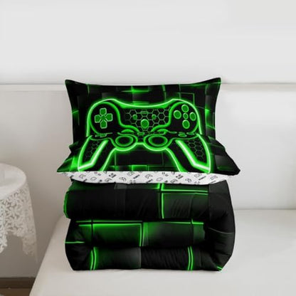 Feelyou Kids Gamer Comforter Set King Size Green and Black Bedding Set for Boys Teens Decor Gaming Ombre Comforter Geometric Square Duvet Set 3Pcs