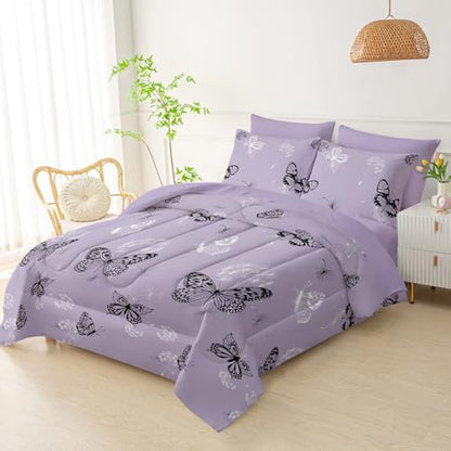 QOOMO Purple Butterfly Dandelion 7pcs Comforter Set Twin Size