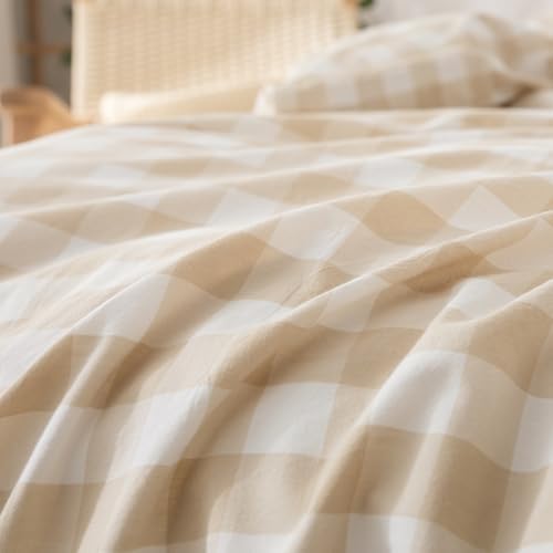 BESTOUCH Gingham Cotton Duvet Cover Set Almond Grey Oversized Full