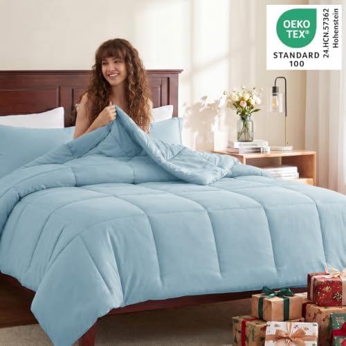 CozyLux King Size Comforter Set, 3-Piece Box-Stitched, Light Blue