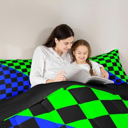 Feelyou Checkered Retro Comforter Set All Season Modern Geometric Cute Bedding Set with 2 Pillow Cases Blue Green Kids Queen Bedclothes Vintage Simple Groovy Aesthetic Bedroom Decor Duvet Quilt