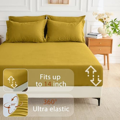 MUXHOMO 7 Pieces King Comforter Set, Soft Bed in a Bag King Size, All Season Bedding Set with Comforter, Flat Sheet, Fitted Sheet, Pillowcases & Shams, Mustard Yellow
