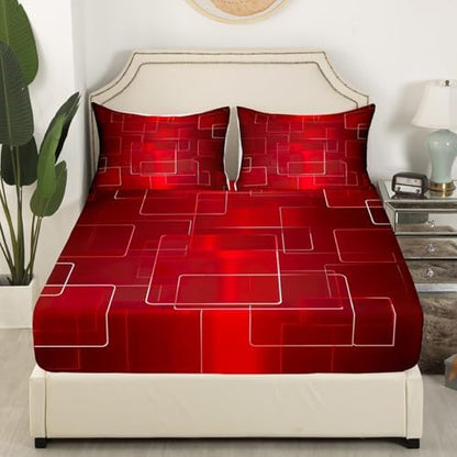 Feelyou Boys Geometric Bed Sheets Sheet Set for Kids Teens Girls Women Red Grid Art Decor Bed Set Simple Modern Fashion Sheets Bedroom Collection 4Pcs Queen Size