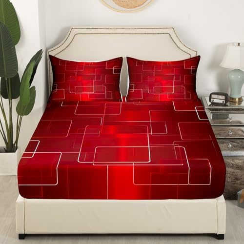 Feelyou Boys Geometric Bed Sheets Sheet Set for Kids Teens Girls Women Red Grid Art Decor Bed Set Simple Modern Fashion Sheets Bedroom Collection 4Pcs Full Size