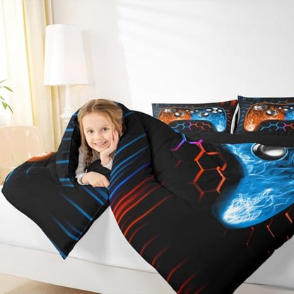 Honeycomb Gamer Kids Comforter Sets Boy Orange Blue Neon Lights Game Console Toddler Bedding Sets for Boys Ombre Art Geometric Hexagon Beehive Quilt Set Gaming Decor for Boys Bedroom Decor