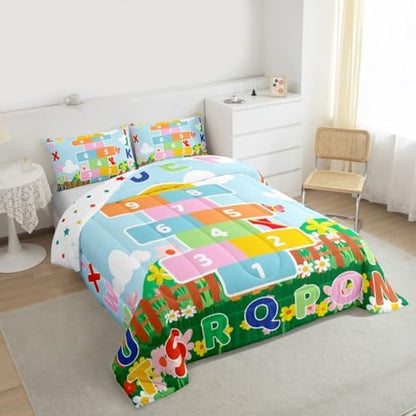 jejeloiu Number Learning Kids Comforter Set Full Size Alphabet ABC Bedding Set Colorful Educational Duvet Quilt for Kids Boys Girls Bedroom Decor Microfiber Ultra Soft Breathable