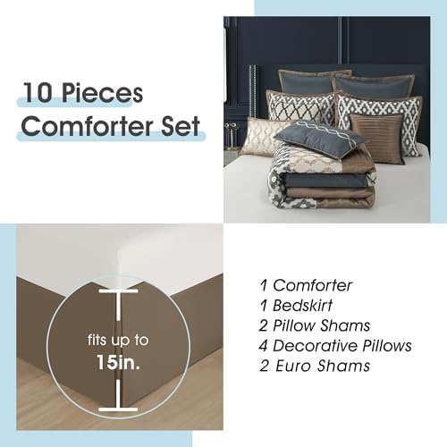 LANCO MODERN LIFESTYLE King Size Comforter Set, Grey Brown, 10 Piece Bed in a Bag for All Seasons, Luxury Extreme Comfort Bedding Sets with Bedskirt, Pillow Shams, Euro Shams and Decor Pillows
