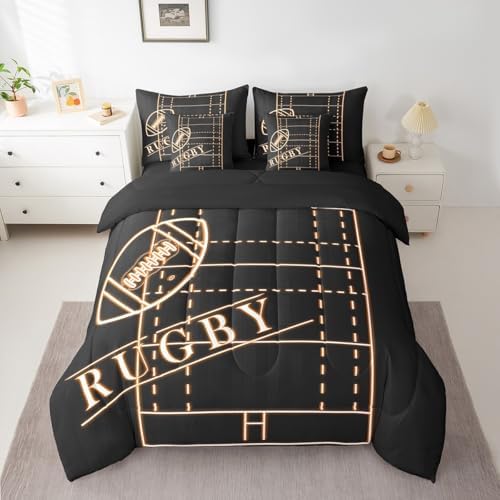 Erosebridal Sport Full Comforter Set 7 Pieces for Boys Soccer Bedding Comforter Sets, Football Theme Bed in a Bag Orange Black Bedding Set, Glowing Gradient Bed Sheets Set Soft (Black Reversible)