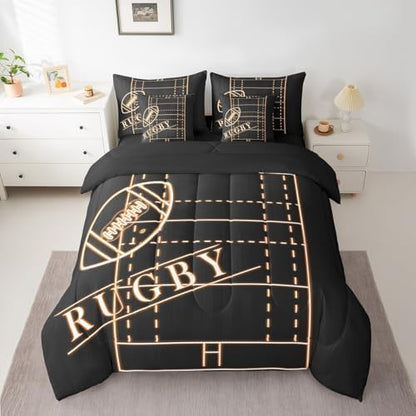 Sport Bedding Comforter Sets 7pcs for Boys Soccer Bed in a Bag, Football Theme Queen Bedding Sets Orange Black Comforter Set, Glowing Gradient Bedding Sets & Collections Soft (Black Reversible)