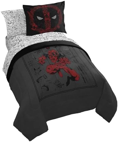 Marvel Deadpool Twin Comforter Set 5 Piece Soft Bedding for Boys, Gray