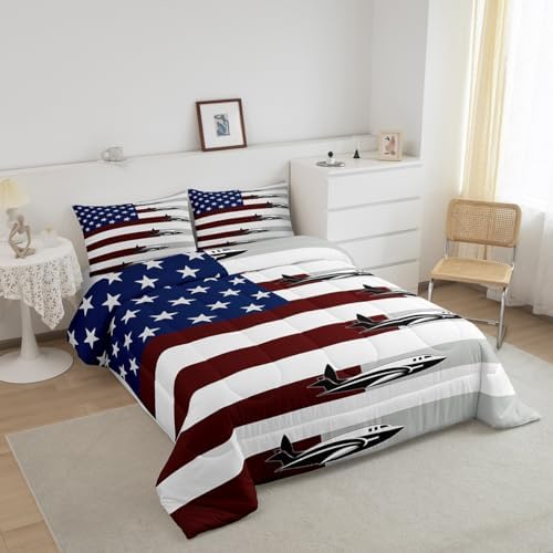 Erosebridal Airplane Comforter Set Full for Kids Adult,American Flag Bedding Set Air Plane Room Decor for Boys Girls,Stars and Stripes Comforter Set Aircraft Aviation Themed Quilt Bed Set 3Pcs