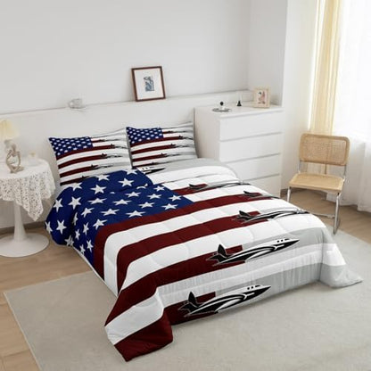 Erosebridal Airplane Comforter Set Full for Kids Adult,American Flag Bedding Set Air Plane Room Decor for Boys Girls,Stars and Stripes Comforter Set Aircraft Aviation Themed Quilt Bed Set 3Pcs