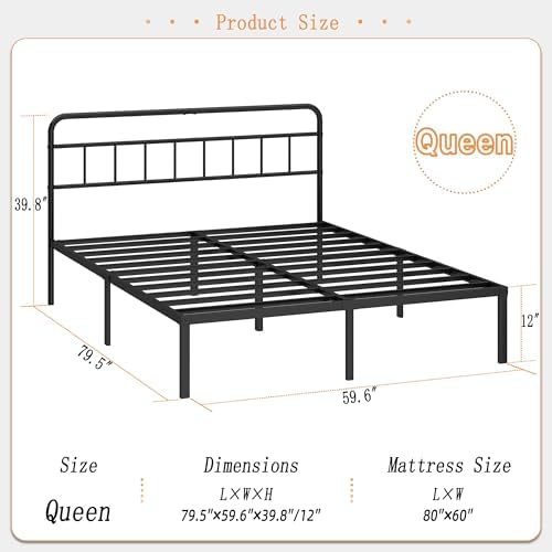 Kujielan 12 inches Queen Size Bed Frame with Minimalist Headboard, Black
