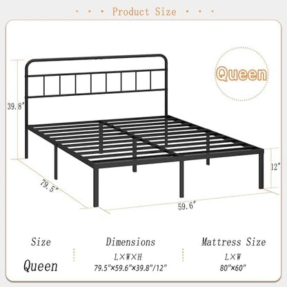 Kujielan 12 inches Queen Size Bed Frame with Minimalist Headboard, Black