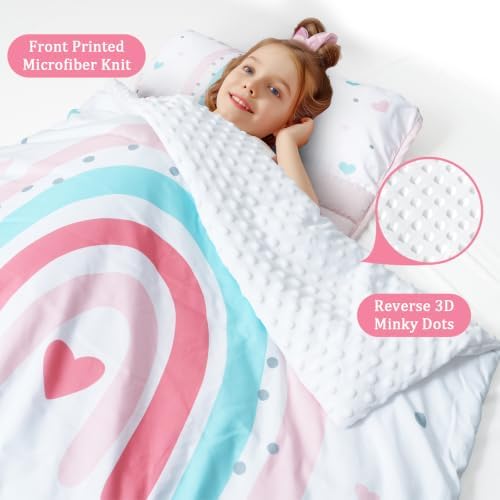 PHF Toddler Nap Mat with Removable Pillow and Minky Blanket, Rollup Design Kids Sleeping Mat, Slumber Bags for Girls, 50"x20" Toddler Sleeping Bag for Daycare Preschool Travel Camping, Rainbow