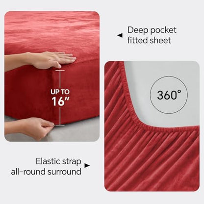 BEDELITE Flannel Sheets Queen Size, Red, 4 Pieces