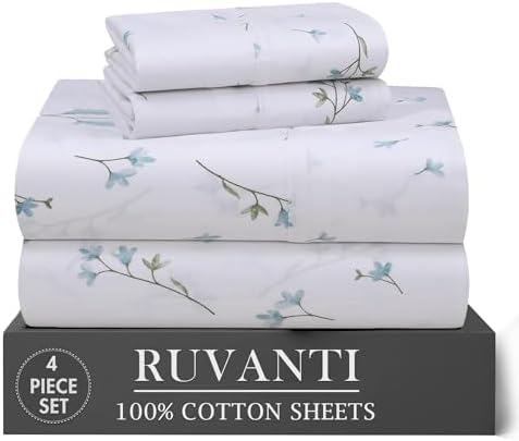RUVANTI 100% Cotton Twin Sheets, Percale Weave Twin Sheet Set, Burgeon