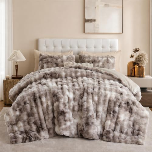 YIKUSH Queen Faux Fur Soft Comforter Set, Fluffy Bedding Set, Tiedye Brown
