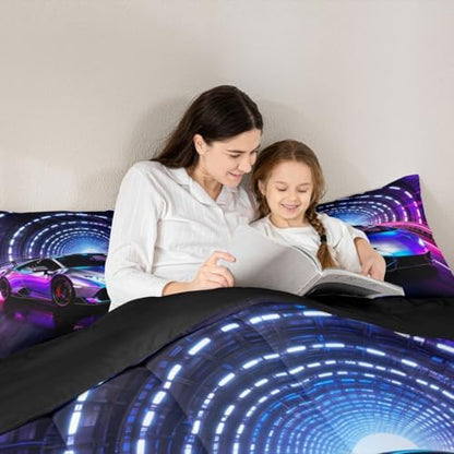 Feelyou Boys Race Car Comforter Set All Season Sports Racing Car Bedding Set with 2 Pillow Cases Purple Racing Extreme Sports Kids King Bedclothes Bedroom Decor Duvet Quilt Breathable Soft Lightweight