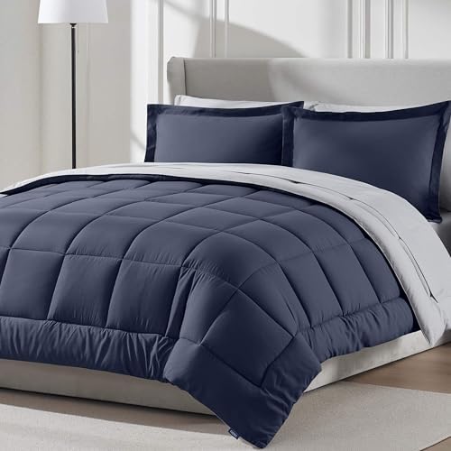 Nestl 9 Piece Full Comforter Set – Navy Reversible Bed in a Bag – Complete Full Size Bedding Set with Sheets, Set of 2 Cooling Pillows, Pillowcases and Shams