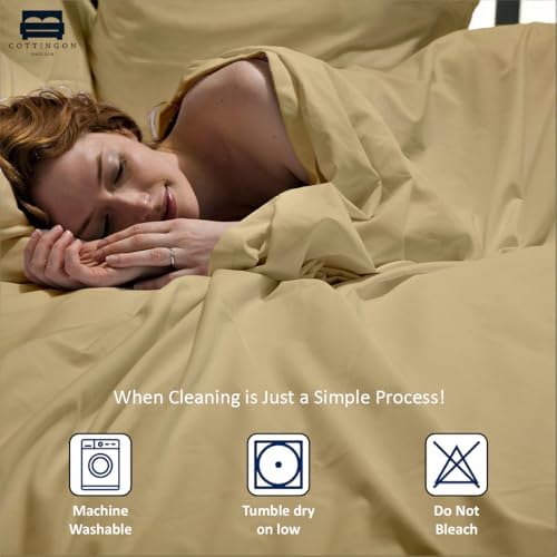 Cottingon 4 Piece Short Queen Sheets, 12" Deep, Egyptian Cotton, Beige