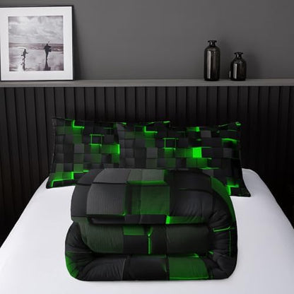 Nttopship Geometric Green Black Comforter Set,Light Honeycomb 3 Piece Bedding Set Full Size for Teen Boys,Modern Quilt Set Geometry Decor,Microfiber Lightweight 1 Comforter 2 Pillowcases All Season