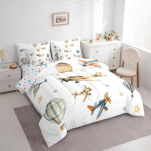 Erosebridal Cute Propeller Plane King Size Comforter Set with Sheets, Cartoon Airplane Aircraft 7 Pcs Bedding Set for Kids Boys Teens Girls Adults, Hot Air Balloon Bed in A Bag, Star Print Bed Sets