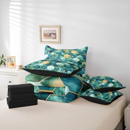 Erosebridal 3D Marble Honeycomb Comforter Set King Size,Geometric Hexagon Bedding Set for Kids Teens,Modern Foil (Comforter+Fitted+Flat Sheet+2 Pillowcases+2 Throw Pillow Covers) 7 Pieces Bed Set