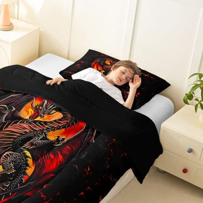 Feelyou Dragon Comforter Set Queen Size Wild Life Bedding Set for Kids Boys Girls Jungle Dragon Duvet Quilt Black Red Bedroom Decor Microfiber 3 Pcs with 2 Pillow Cases