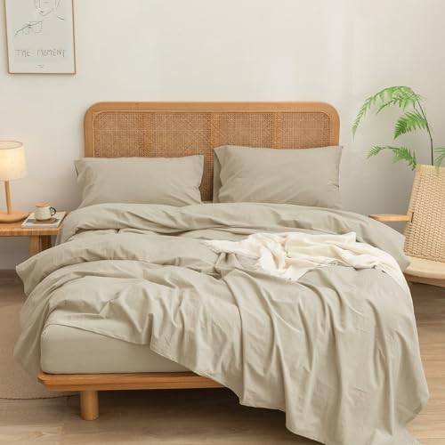 BESTOUCH Full Washed Cotton Linen Feel Sheet Set 4 Pcs Almond Milk Grey